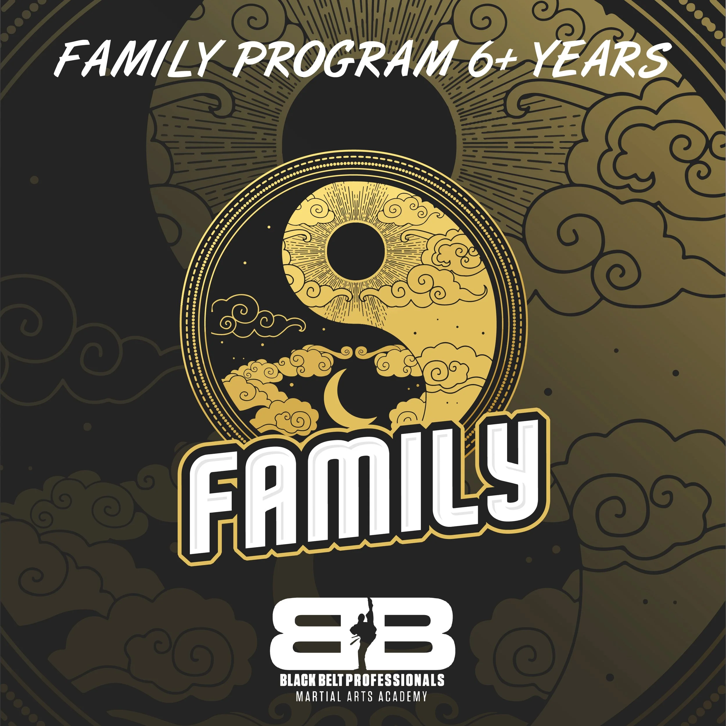 Graphic design promoting a family martial arts program for those with 6 or more years of experience, featuring a black and gold yin-yang symbol with a moon and clouds, and the logos for Black Belt Professionals Martial Arts Academy.