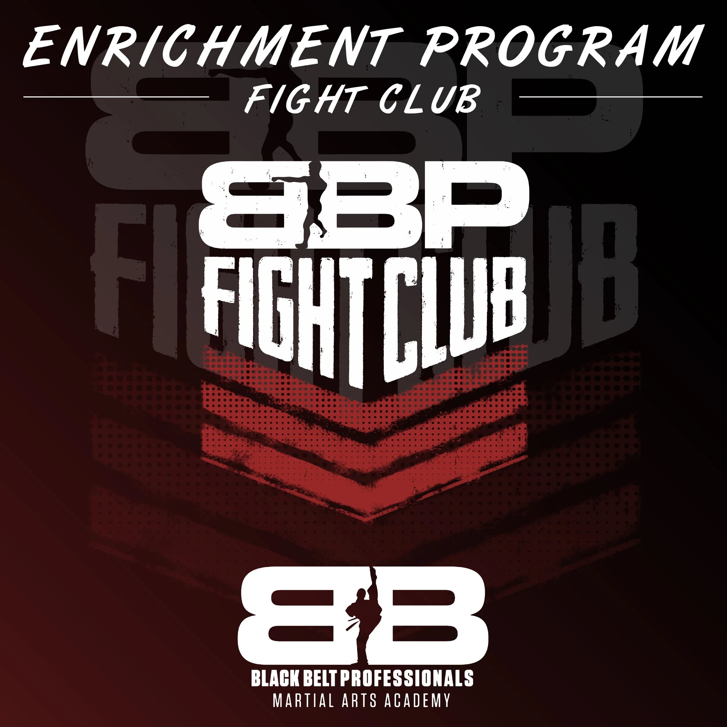 Logo for Black Belt Professionals Fight Club with the text 'Black Belt Professionals Fight Club' and an abstract red and black geometric background.