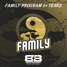 Design featuring a black and gold color scheme with the words 'Family Program 6+ Years' and 'Family' in front of a golden yin & yang symbol