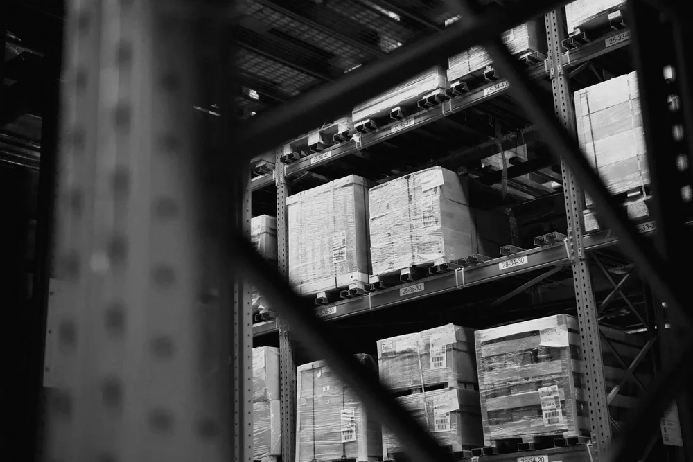 Pallets stored on warehouse racks