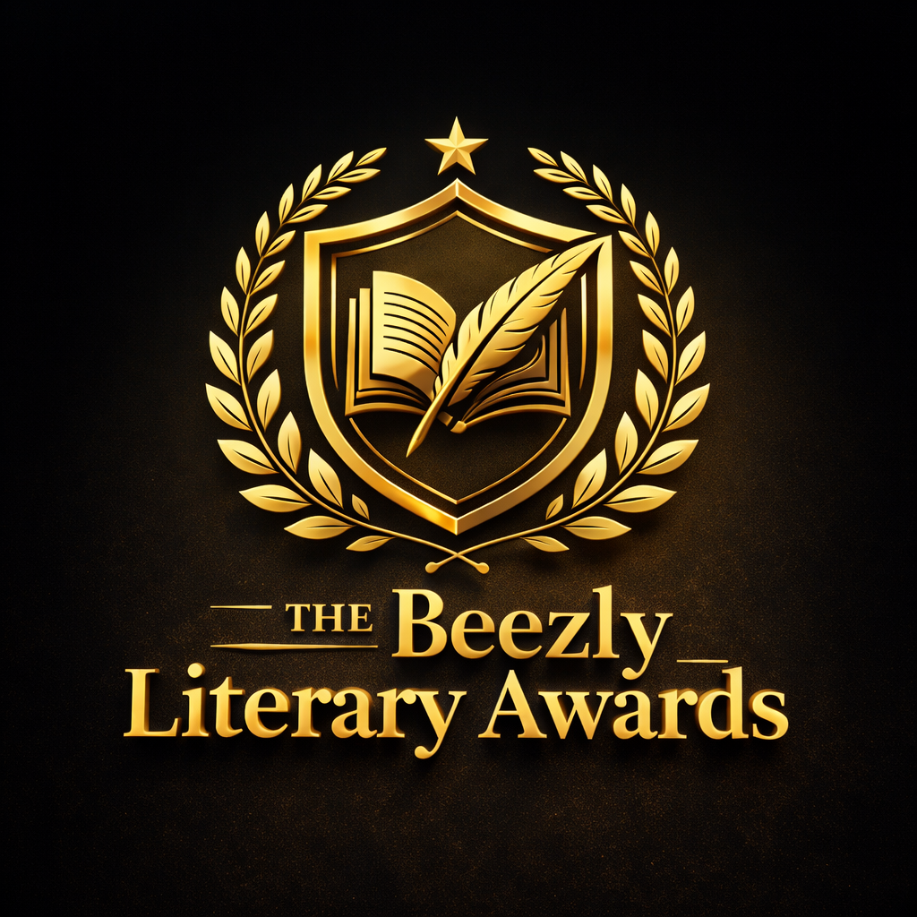 Gold emblem with a shield, open book, feather quill, and laurel wreath, with the text "The Beezly Literary Awards" beneath it.