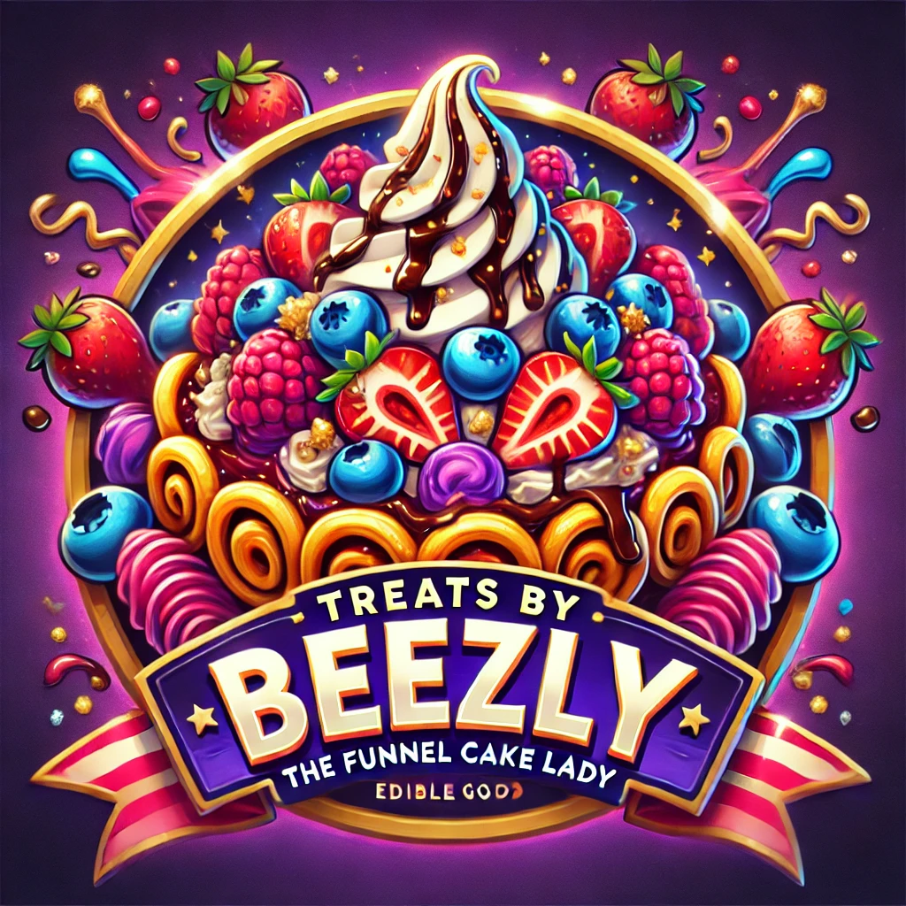 Colorful animated illustration of a funnel cake topped with whipped cream, chocolate syrup, and various berries including strawberries, raspberries, and blueberries, with a purple background and a banner that says 'Treats by Beezly, The Funnel Cake Lady, Edible Good'.