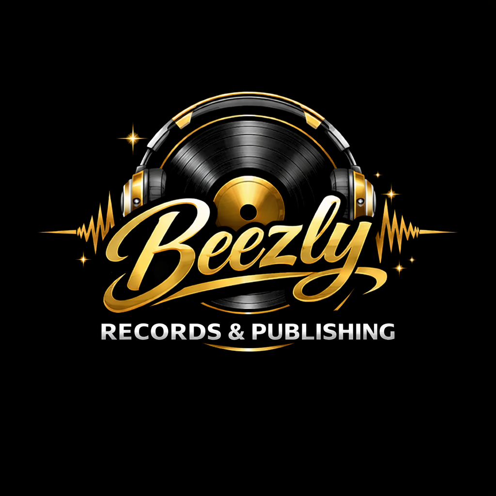 A logo for Beezy Records & Publishing featuring a black vinyl record with gold accents, headphones, and sparkles, with the text 'Beezy' in gold cursive and 'RECORDS & PUBLISHING' in white capital letters.