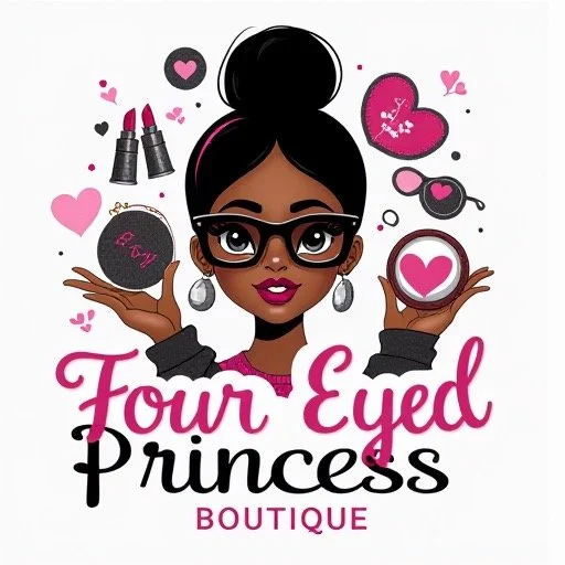 Logo for Four Eyed Princess Boutique featuring a cartoon woman with glasses, holding makeup items, surrounded by hearts and makeup icons.