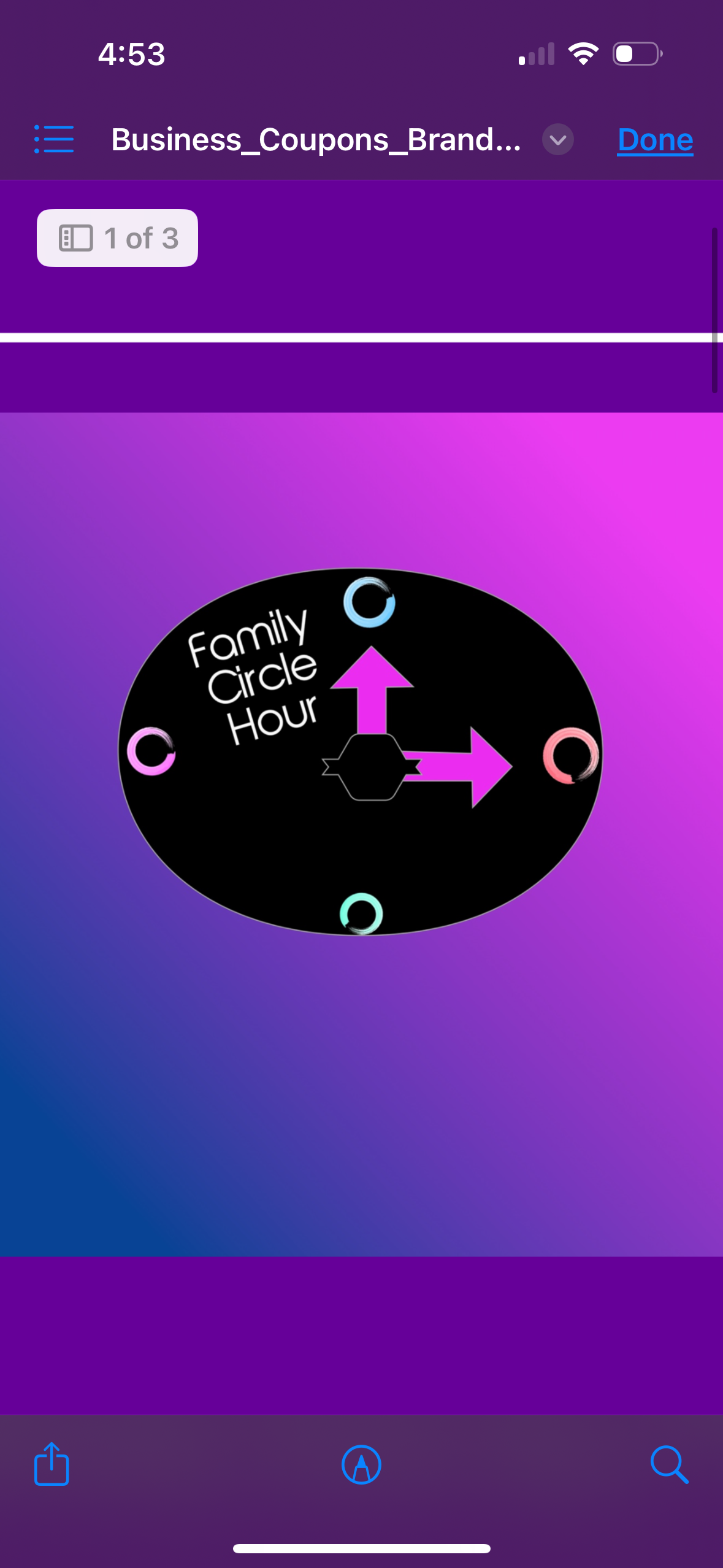 A digital graphic with a black background and a colorful gradient backdrop, displaying a circle diagram labeled 'Family Circle Hour' with four arrows pointing upwards and to the sides, each colored differently, indicating directions.