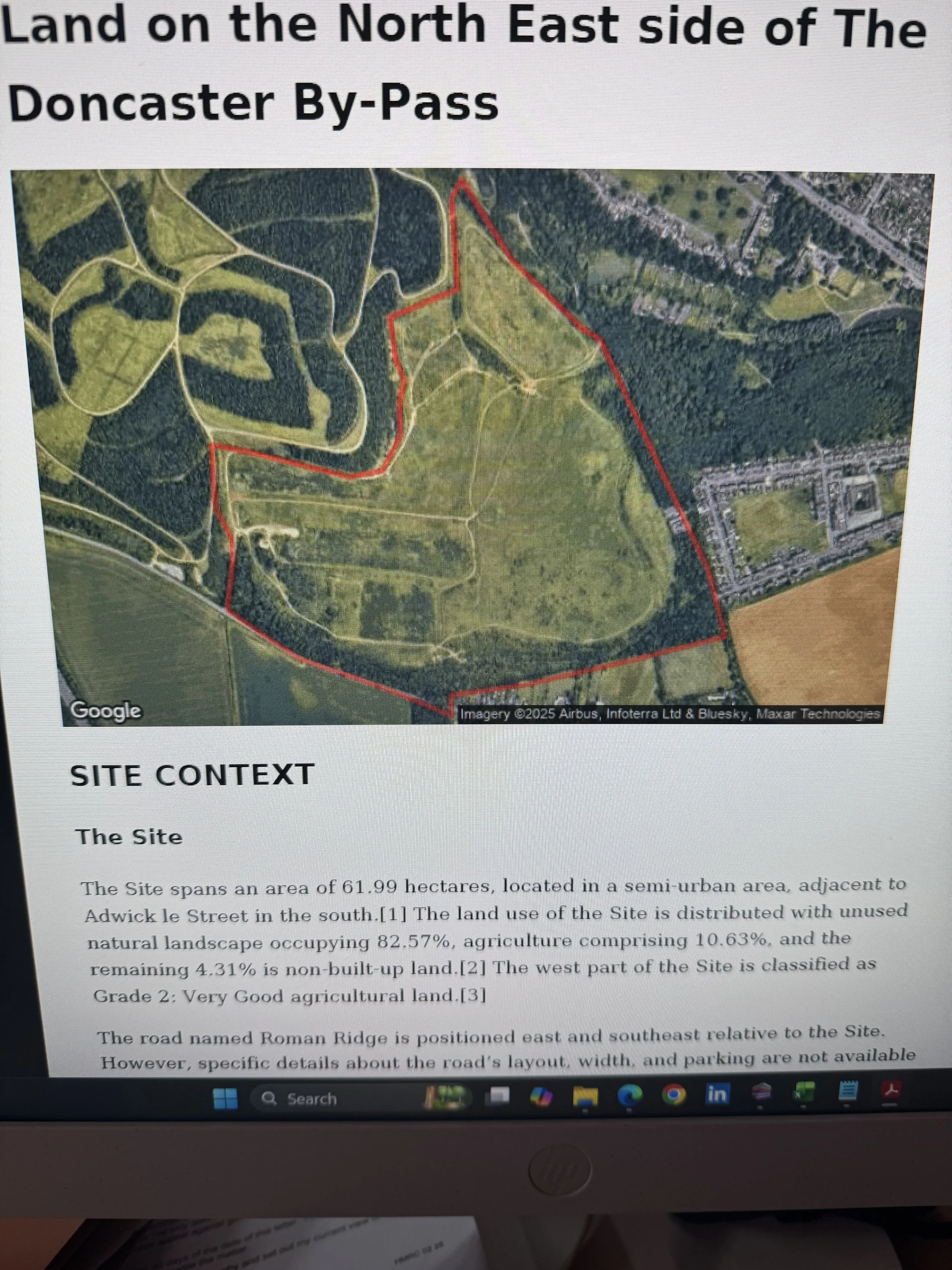 Map of land on the north east side of the Doncaster bypass, with the site area outlined in red, accompanied by text discussing the site's context and land use.