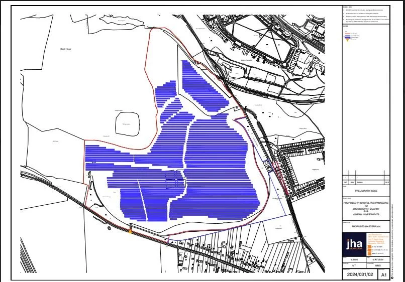 A site plan with a large arrangement of blue solar panel symbols indicating a solar farm, surrounding infrastructure, roads, and nearby buildings.