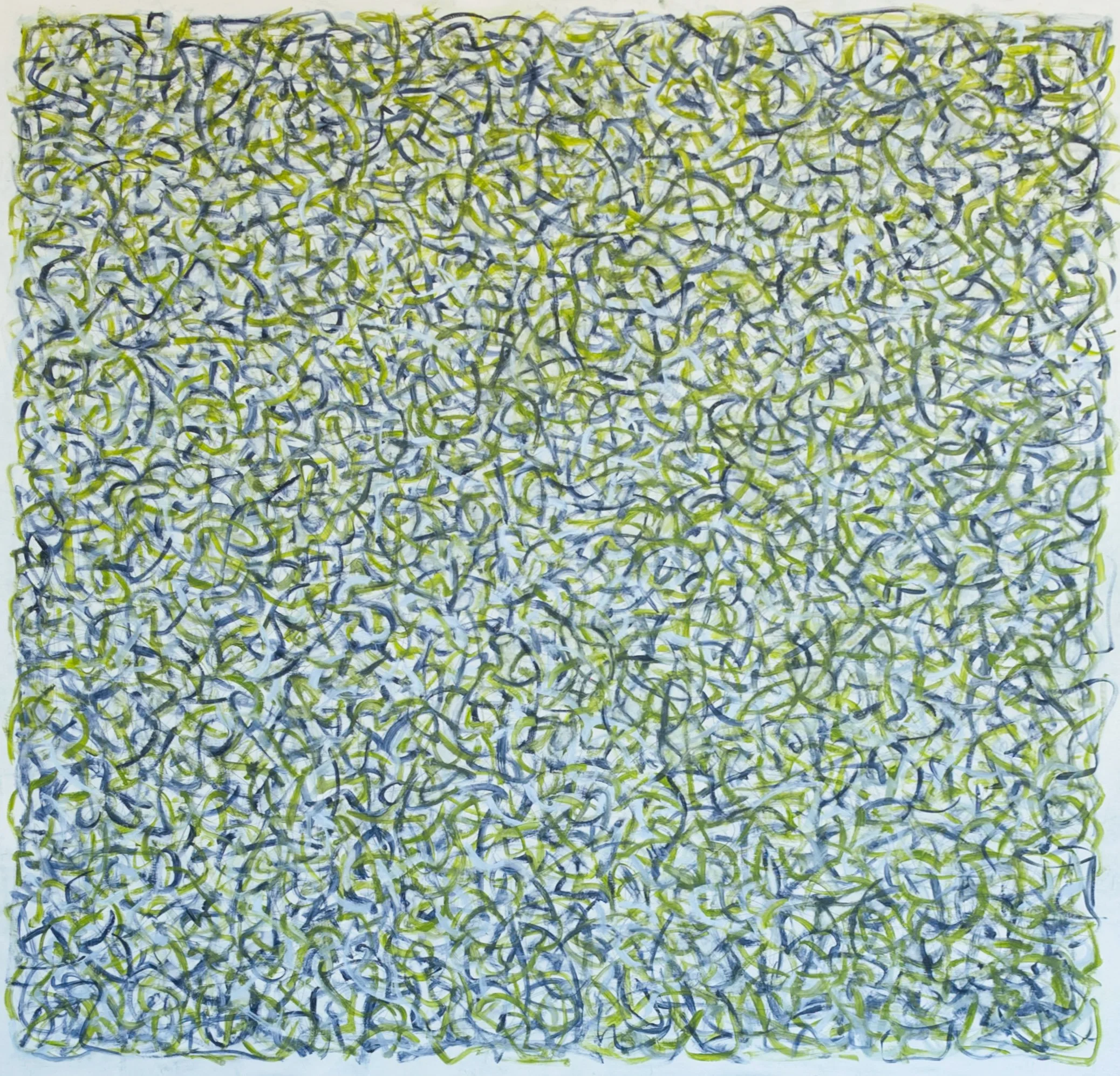 Currents, an abstract oil painting by Donna North, woven olive-green and navy loops on a pale ground