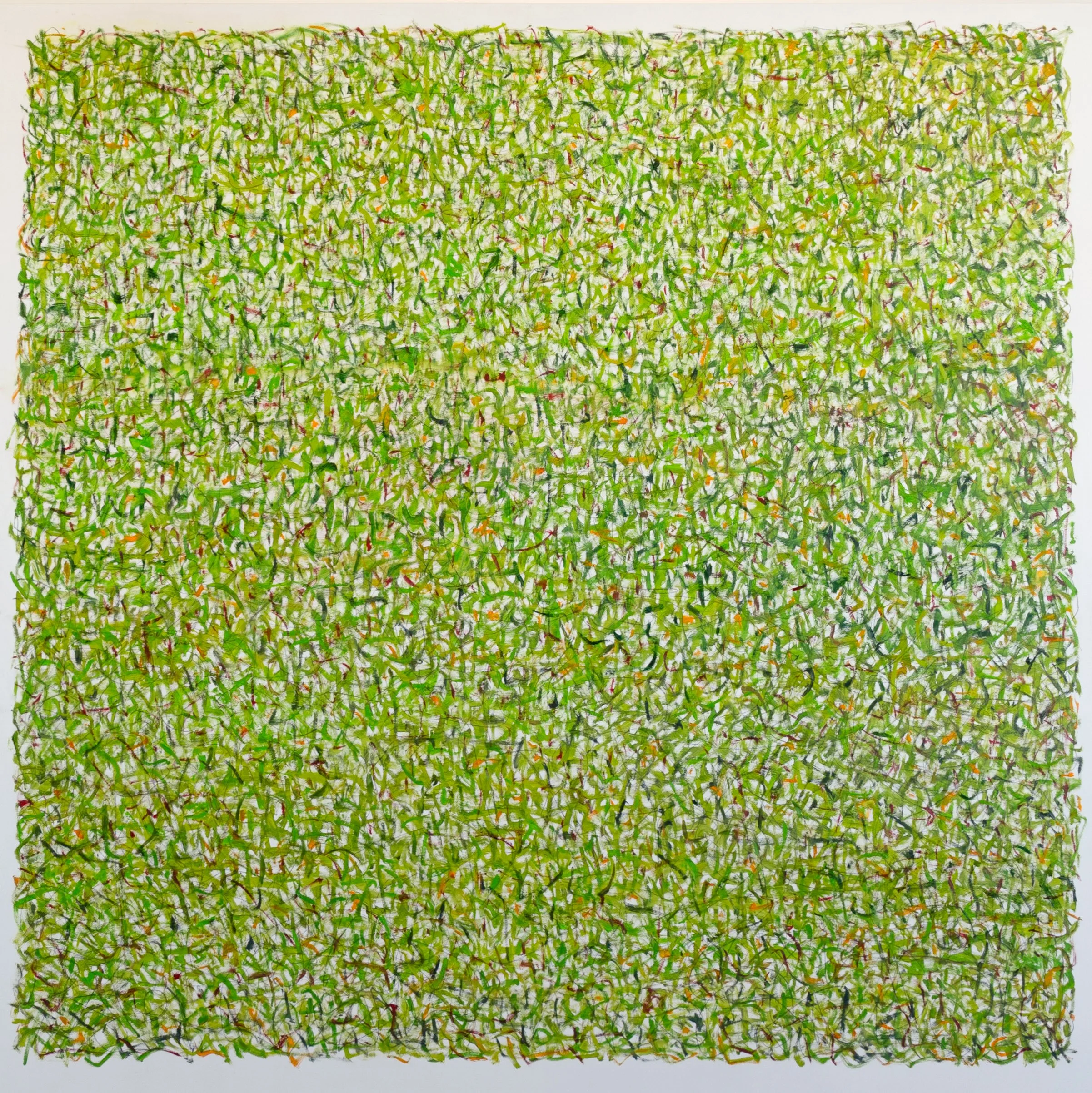 Spring Greens, an abstract oil painting by Donna North, dense green grass-like texture with orange accents