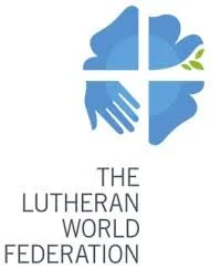 Logo of the Lutheran World Federation featuring a blue cloud with a white cross and two hands