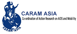 Logo for CARAM Asia, showing a blue statue and text that says 'CARAM Asia Coordination of Action Research on AIDS and Mobility'.