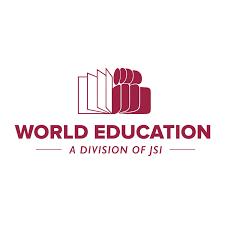 Logo for World Education, a division of JSI, featuring an open book with stylized figures and text.