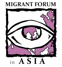 Logo of the Migrant Forum in Asia with an eye illustration and a map of Asia in purple.