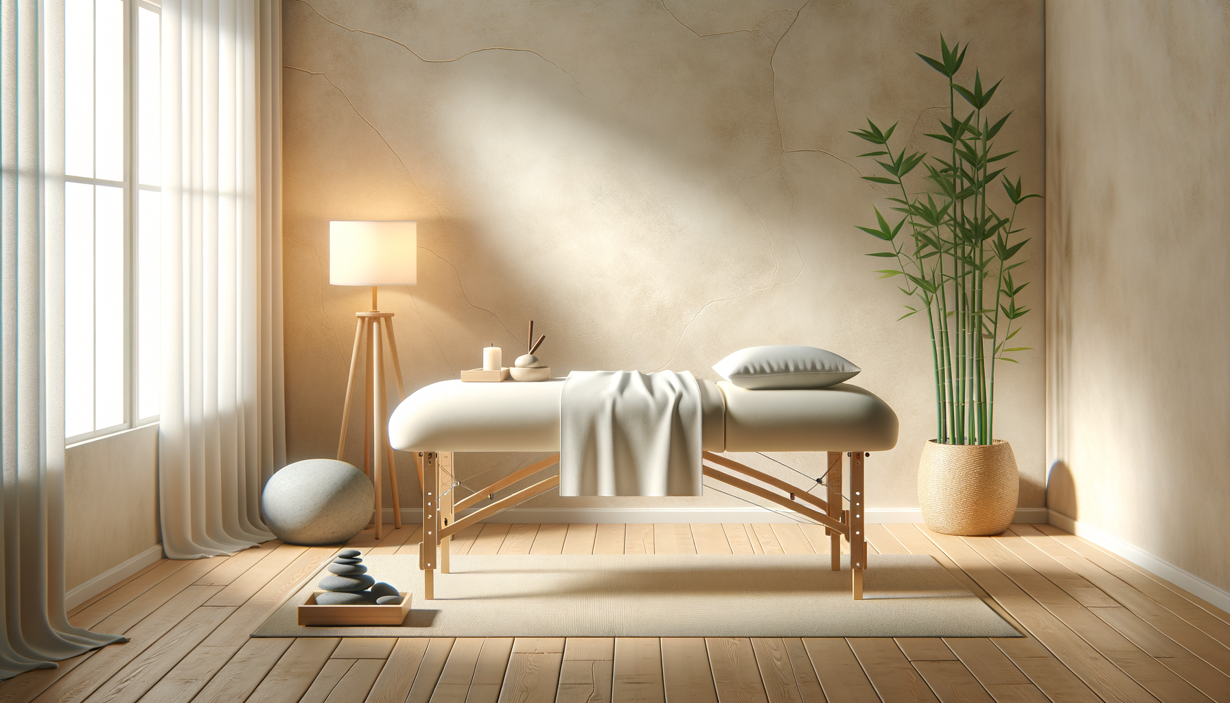 A massage table in a calm, beige-colored room with a large window, a potted plant, a lamp, and some stones.