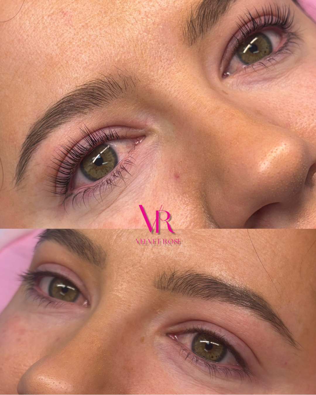 Close-up of a woman's eyes showing eyelash extensions or enhancements, with a pink background and a logo that reads 'VR VELETTE ROSE' in the center.