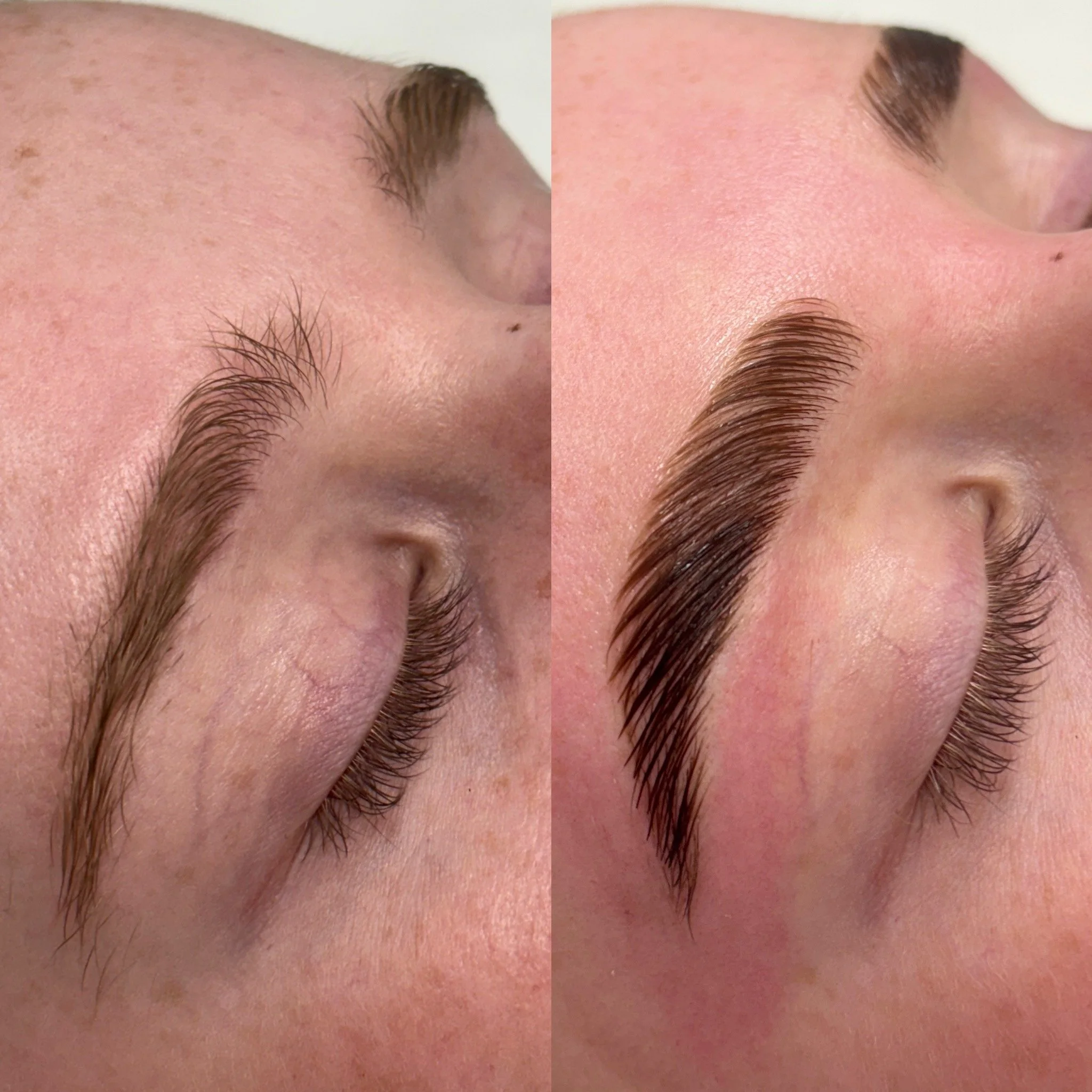 Close-up of a person's face showing before and after eyebrow microblading, with natural skin texture and eyebrow hair details.