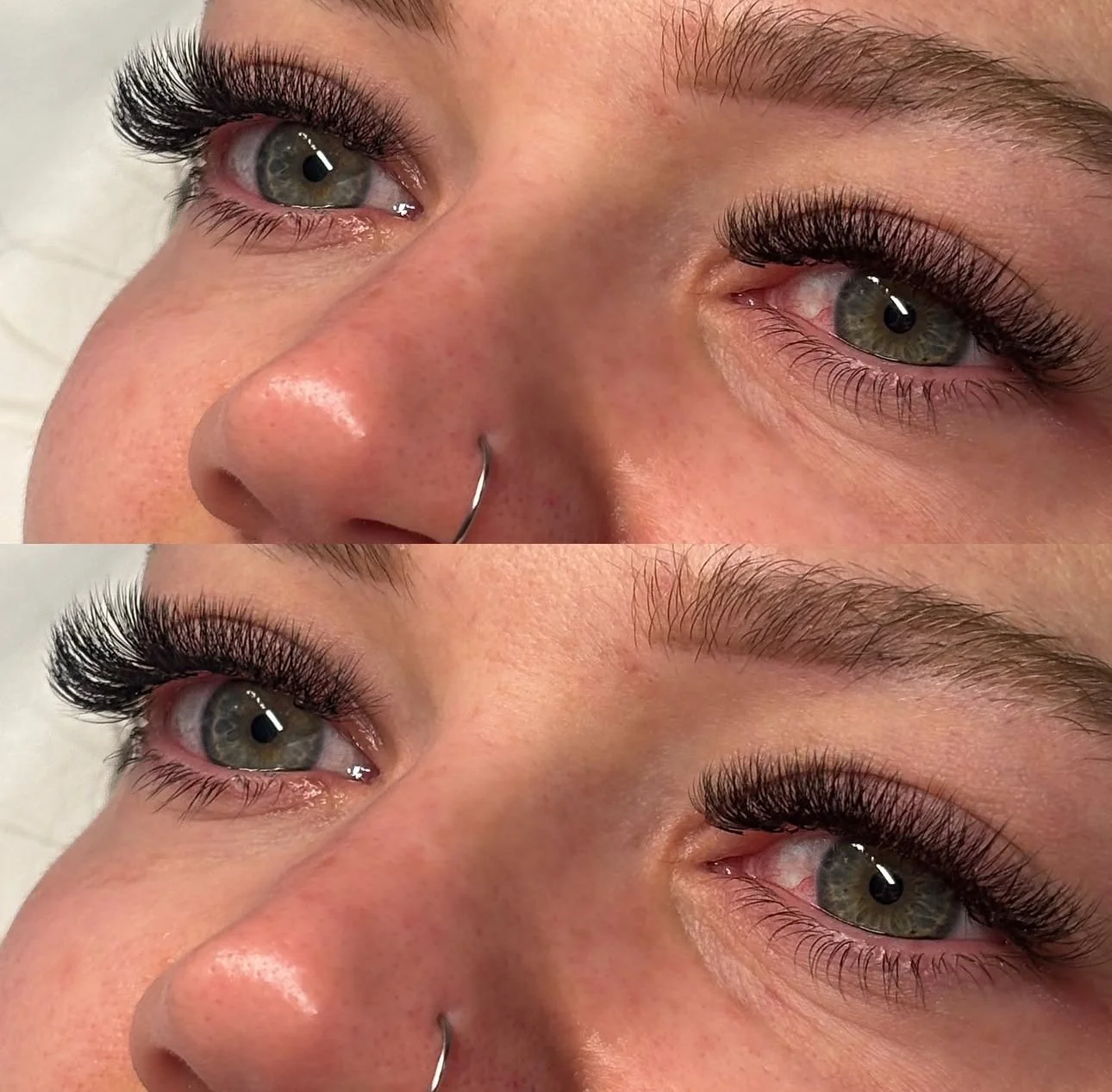 Close-up of a person's face highlighting their eyes, with long false eyelashes, light skin, and a nose ring. The photo is duplicated, with slight variations in lighting or angle.