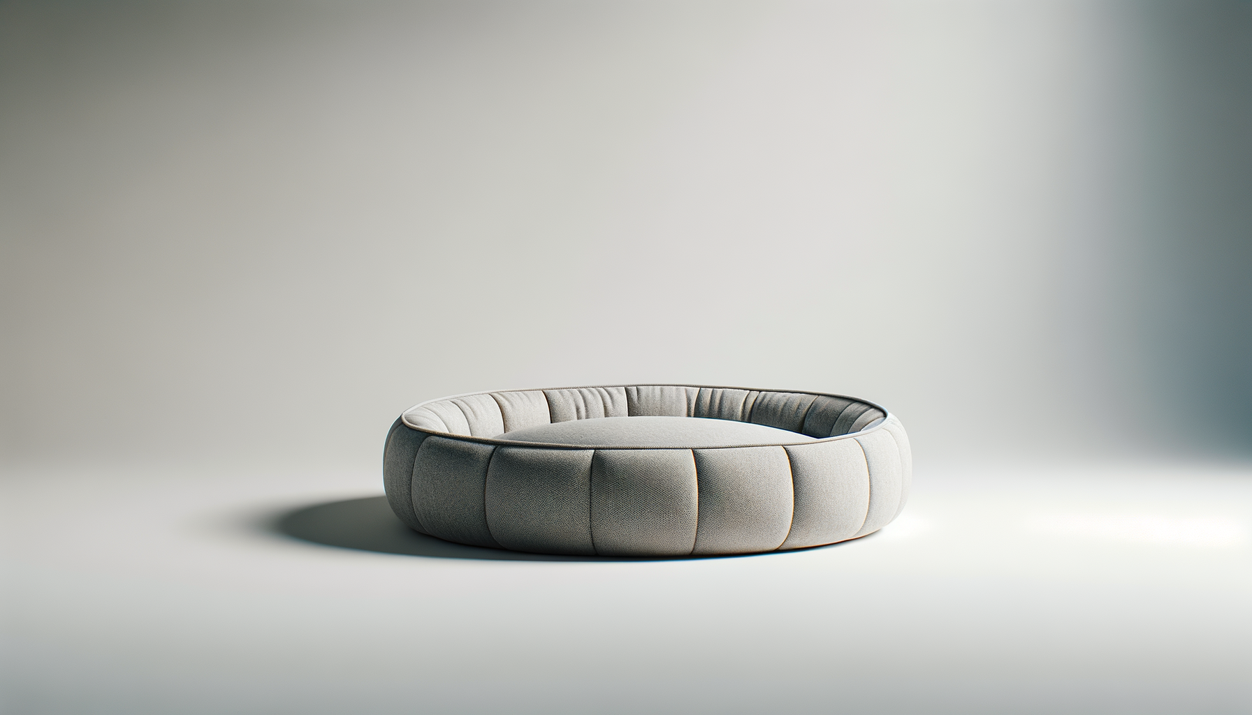 Modern circular beige and gray sofa in a minimalist setting with soft lighting and shadow on floor.