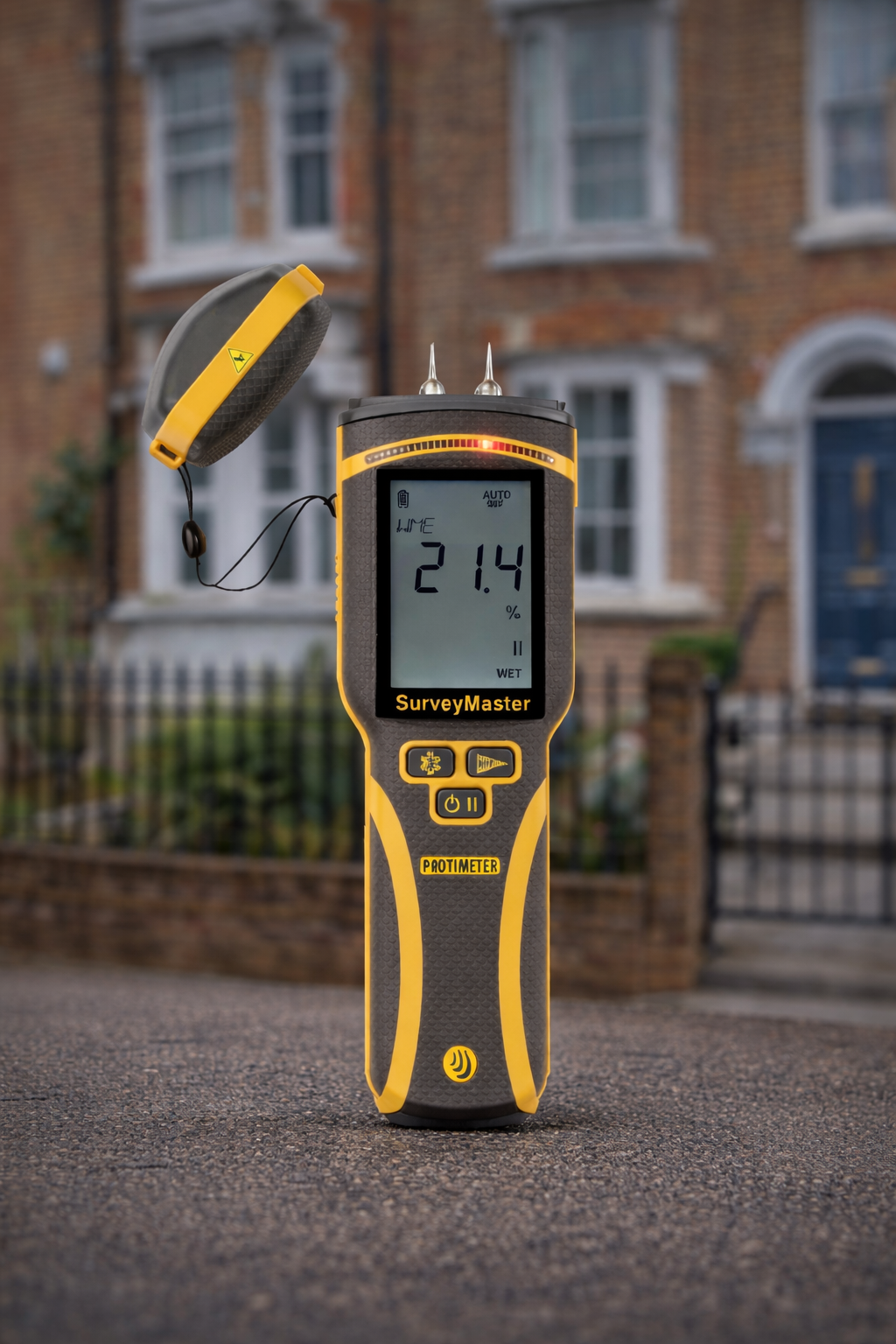 A digital soil moisture meter standing upright on a pavement in front of a residential brick house with a black metal fence and blue front door. The meter shows a moisture level of 21.4%. The meter has a yellow and black design with a detachable sensor head hanging on the side.