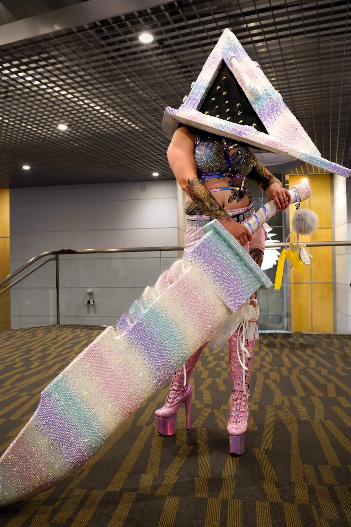  
 Pastel Goth Pyramid Head/Silent Hill 
 Many folks are familiar with Silent Hill and the notorious Pyramid Head, but what if you took the rust and grime and replaced it with soft colors and light shifting rhinestones? Enter my pastel goth Pyramid H