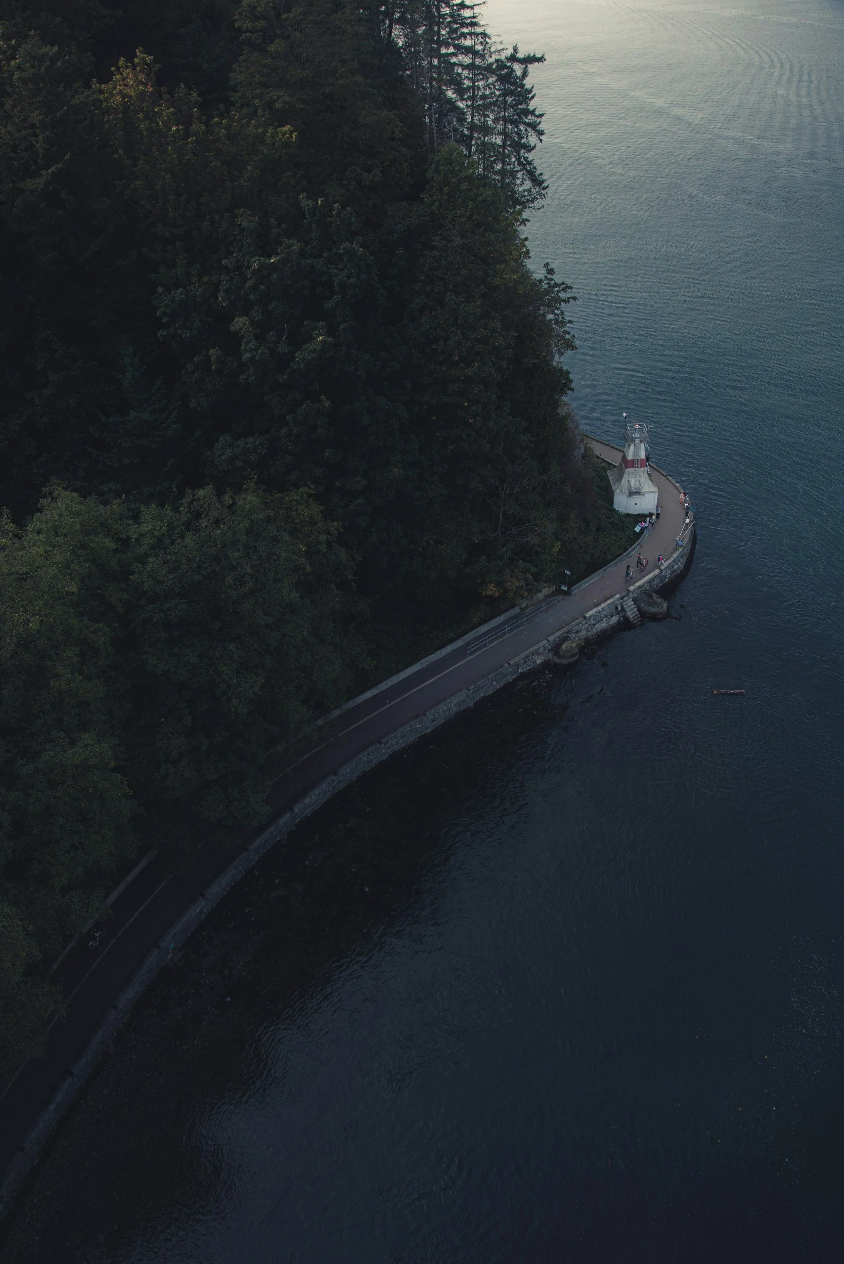 Aerial view of a lighthouse on a small peninsula with a walking path and dense forest, overlooking a body of water at dusk.