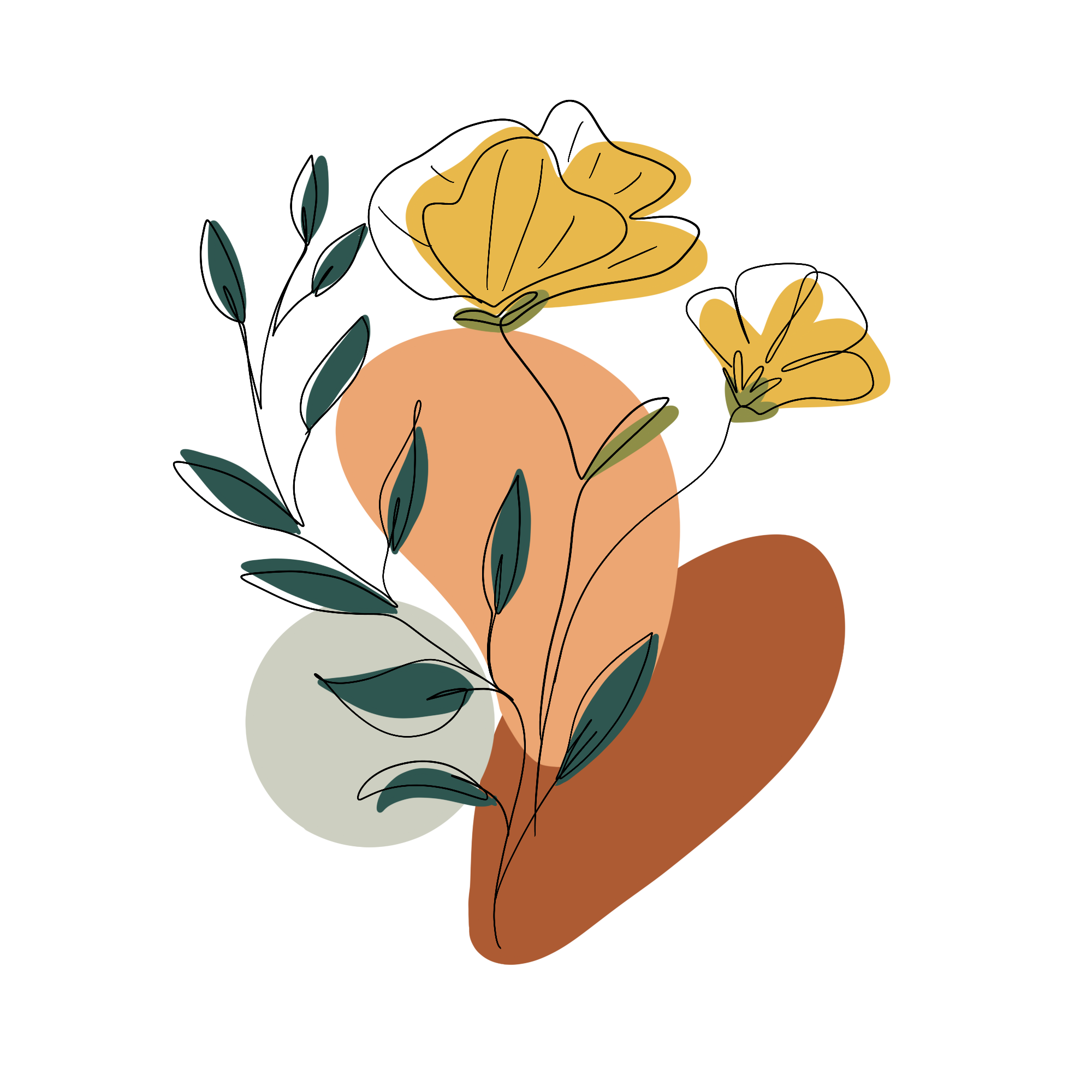 Abstract floral illustration with yellow flowers, green leaves, and overlapping shapes in brown, beige, and light green.