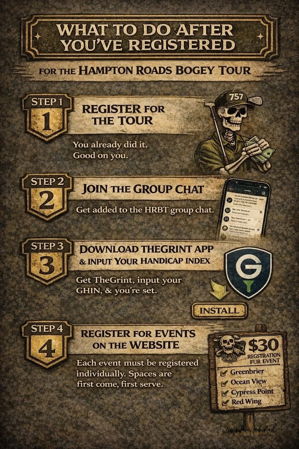 Instructions for after registering for the Hampton Roads Bogey Tour, including steps to register, join group chat, download the app, and register for events, with illustrations of a skull in a cap holding money, and a smartphone displaying a chat.