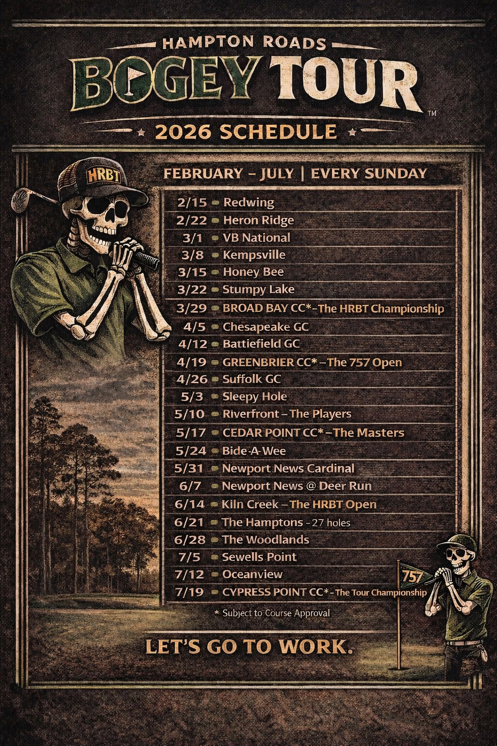 Schedule for the Hampton Roads Bogey Tour 2026, featuring dates and locations from February to July.