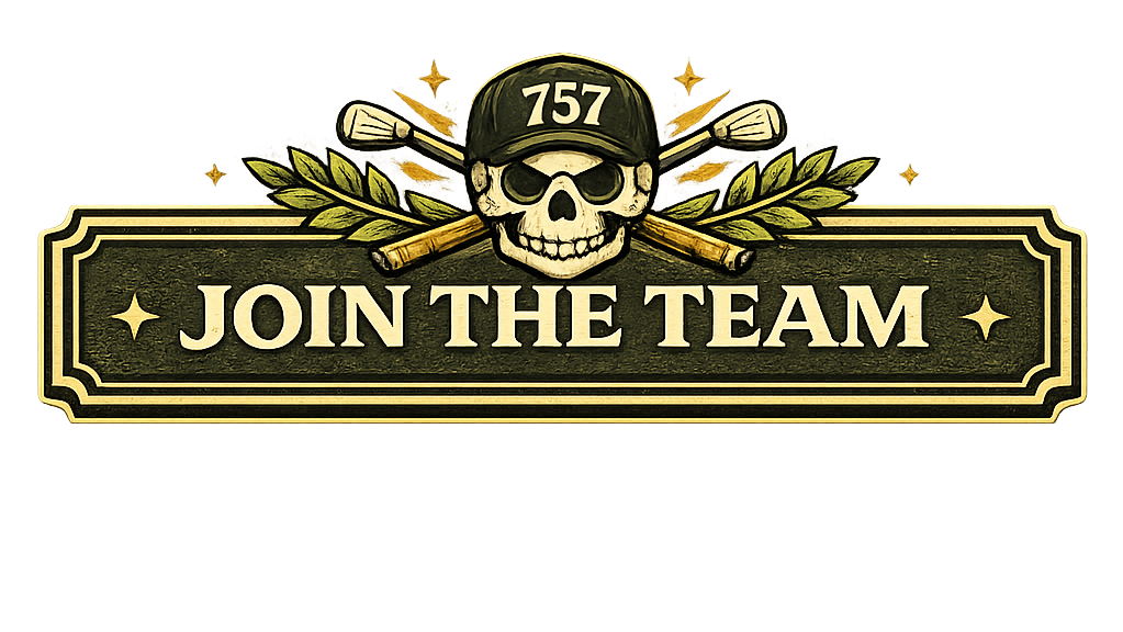 A graphic with a skull wearing a helmet labeled '757', crossed golf clubs behind it, and a banner with the text 'JOIN THE TEAM'.