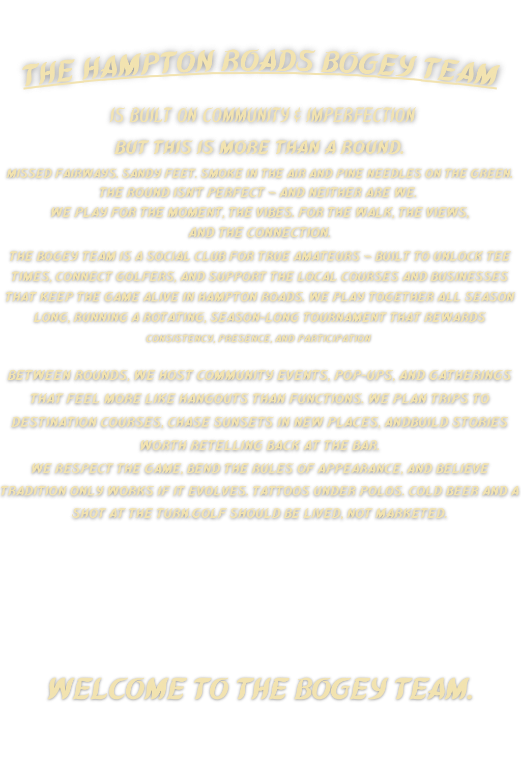 A black background with beige text introducing 'The Hampton Roads Bogey Team' golf club, describing its community-focused values, activities, events, and traditions.