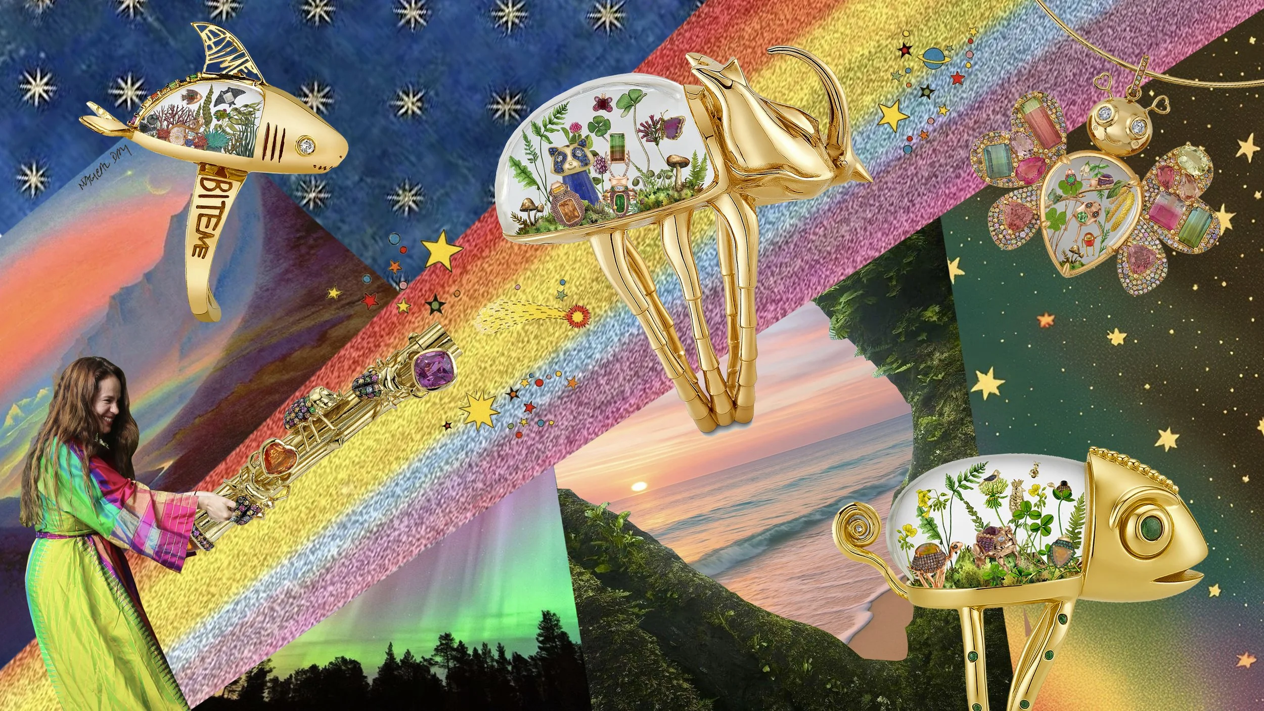 Colorful collage with rainbow, starry sky, sunset on beach, Northern lights, and various jewelry pieces shaped like animals vessels that contain the Daniela Villegas universe: insects, crabs, fish, chameleons, manta rays, nature.