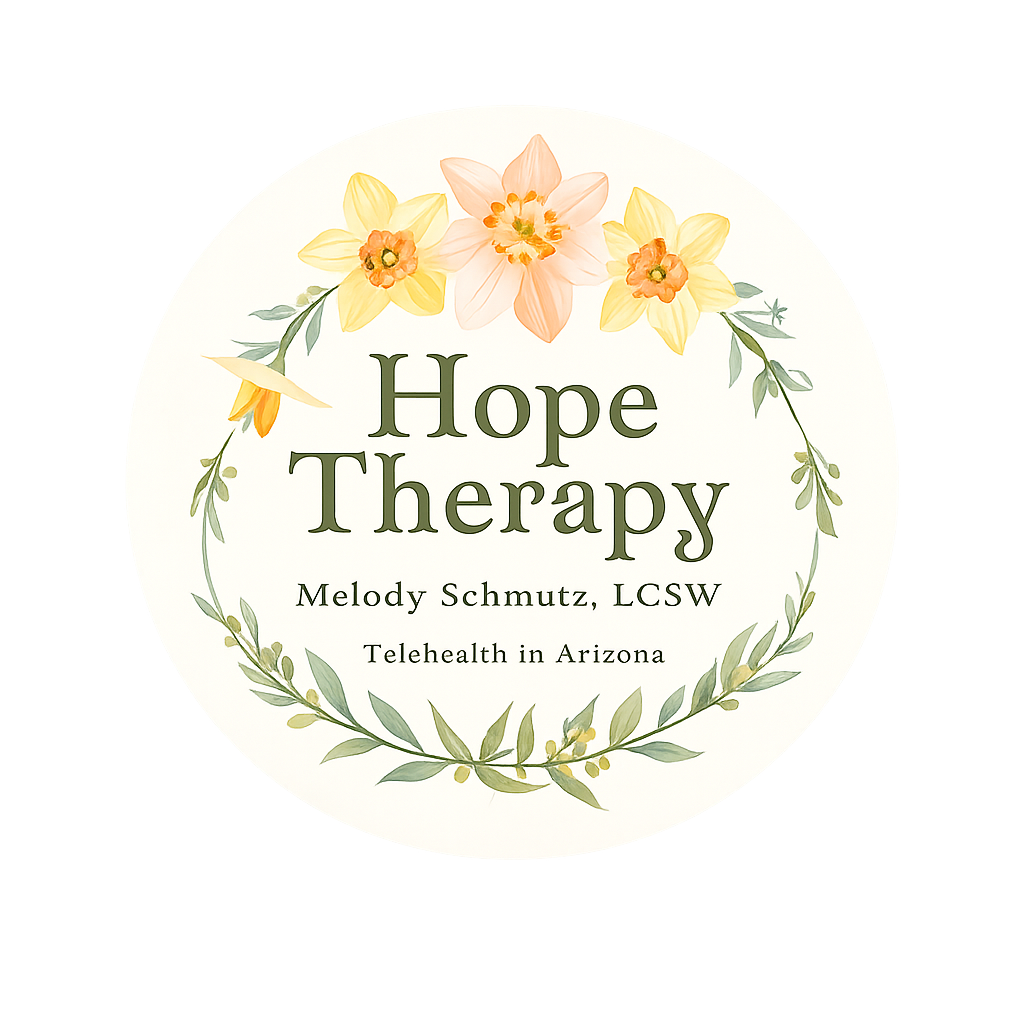 Logo for Hope Therapy featuring a floral wreath, pink and yellow flowers, and text that reads 'Hope Therapy, Melody Schmutz, LCSW, Telehealth in Arizona.'