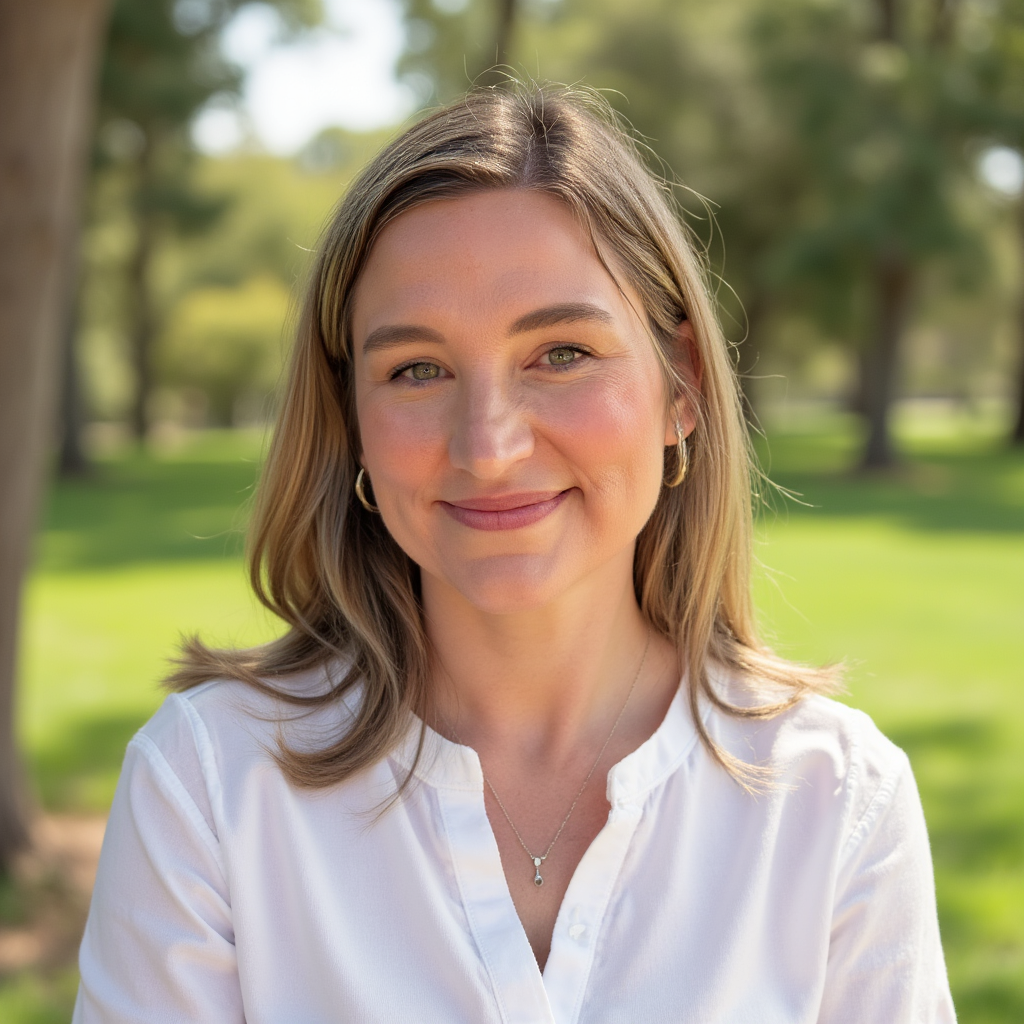 A woman with shoulder-length light brown hair, wearing a white blouse and gold hoop earrings, smiling outdoors in a park with green grass and trees in the background.