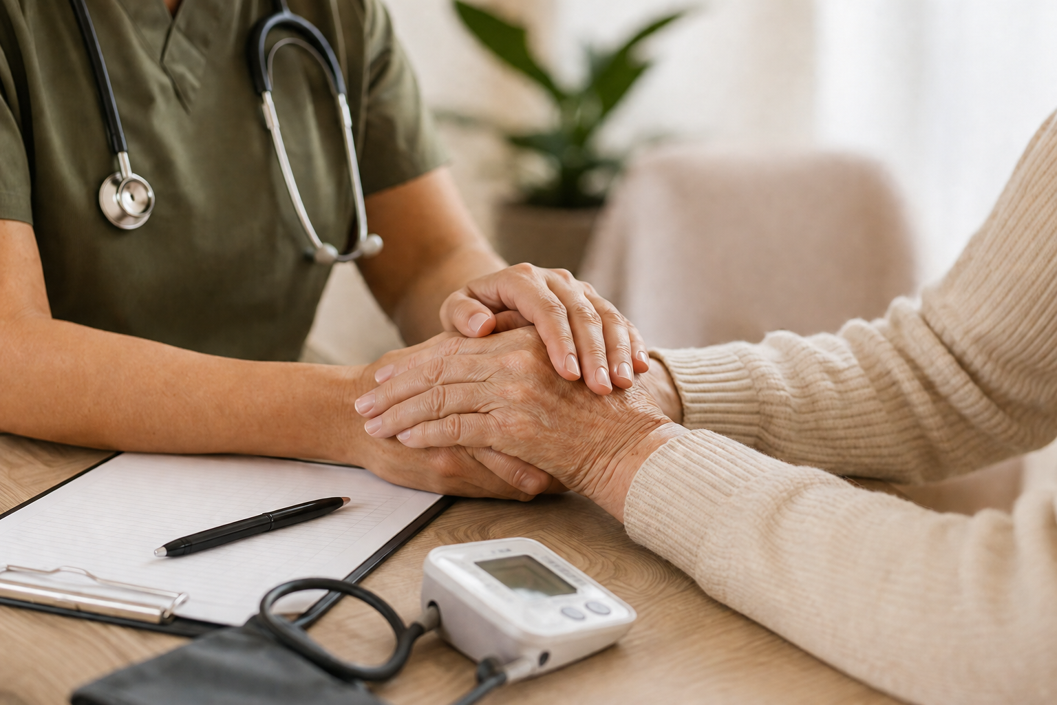 A healthcare professional gently holding the hands of an elderly patient during a consultation, with a notepad, pen, and blood pressure monitor on the table.