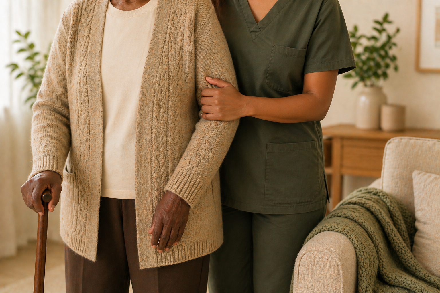 A caregiver supporting an elderly woman with a cane in a warm, cozy home setting.