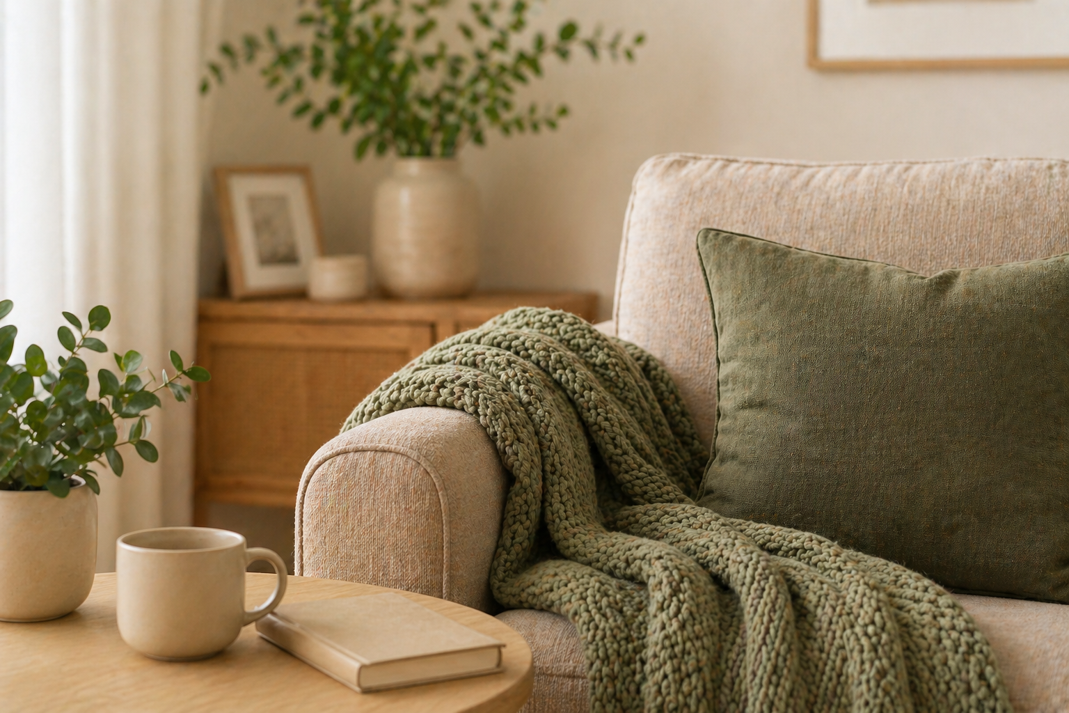 A cozy living room corner featuring a beige armchair with a large green pillow and textured green blanket. A wooden side table with a potted plant, a white coffee mug, and a closed book is in front. In the background, a wooden cabinet holds a potted plant, a picture frame, and a small decorative item, with a framed picture on the wall.