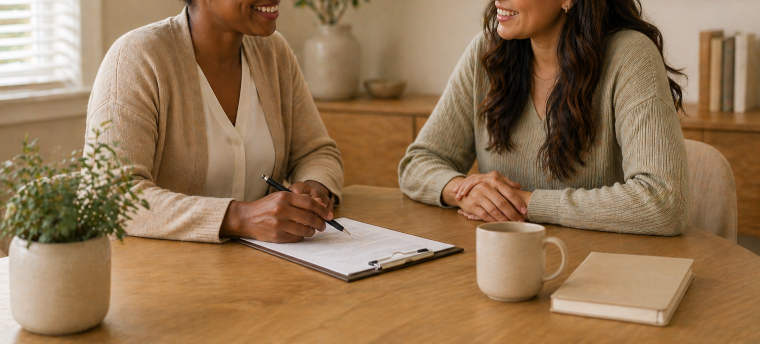 Two women sitting at a wooden table, having a conversation. One woman is writing on a clipboard, and the other woman is smiling with her hands clasped. There is a potted plant, a mug, and a closed book on the table.