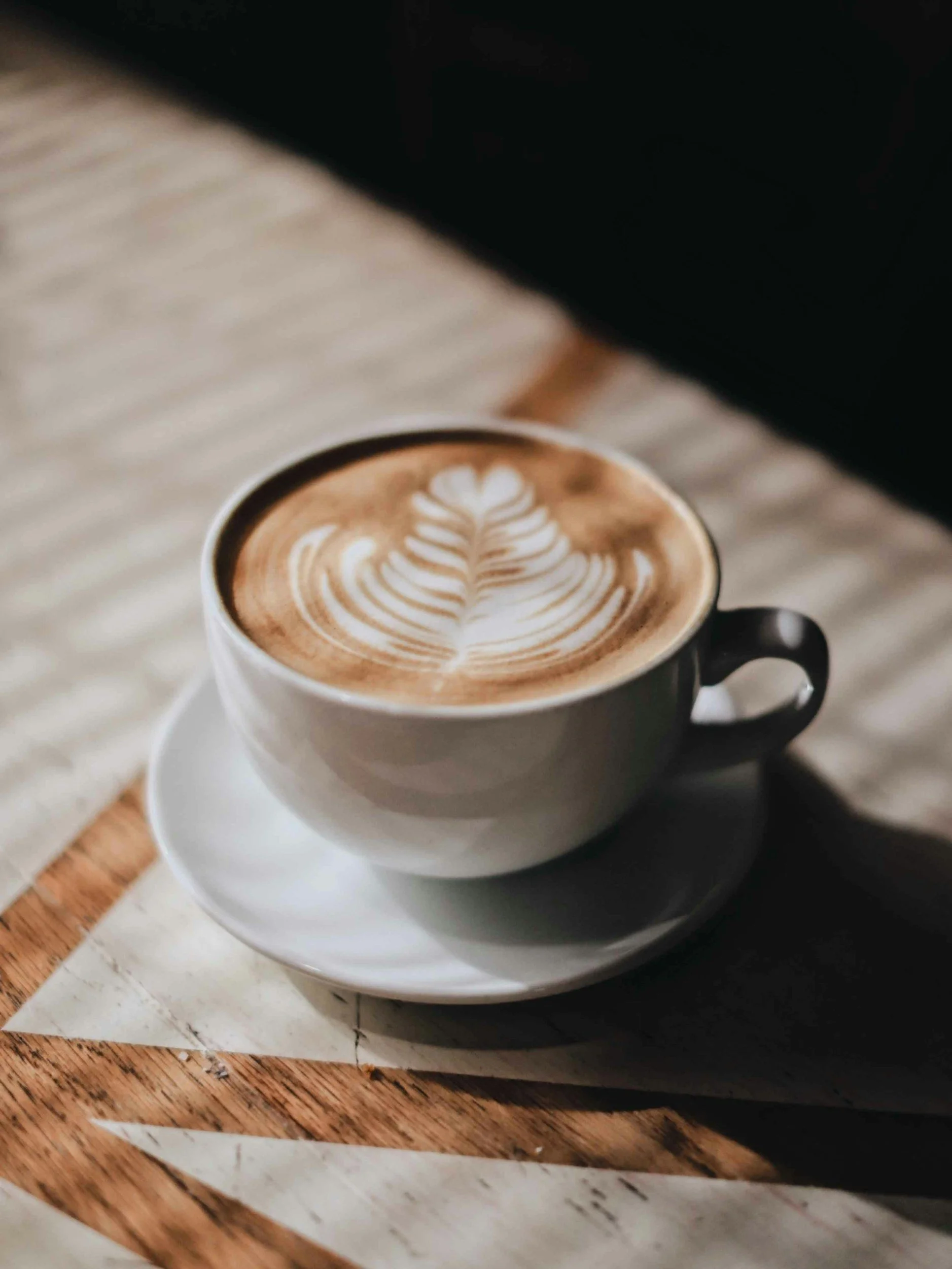 A cup of latte with latte art in the shape of a fern, placed on a white saucer on a wooden table.