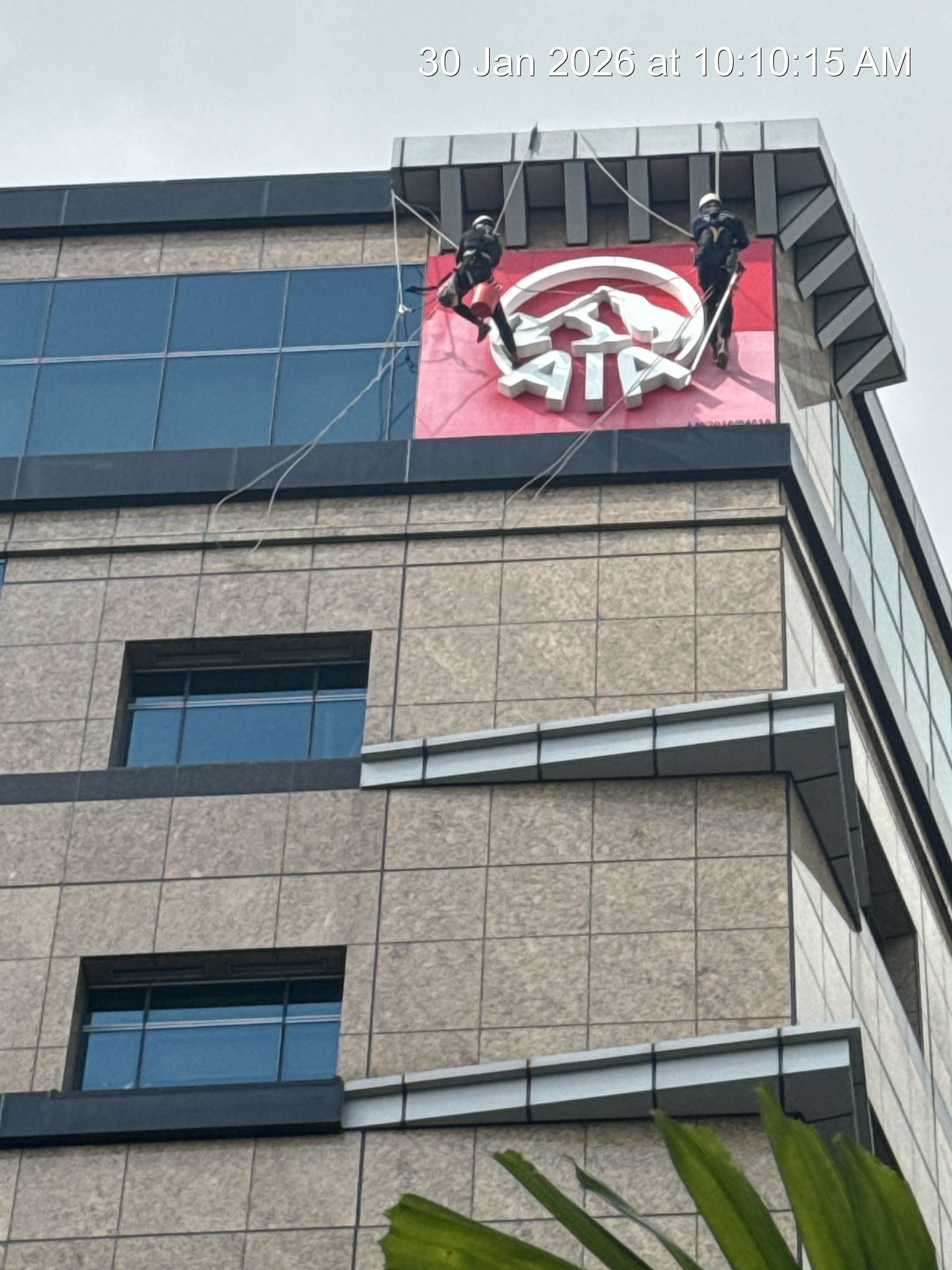 Two individuals cleaning or working on a large red and white symbol on a tall building's facade. The building has large glass windows and brick paneling, and the workers are using ropes for safety.