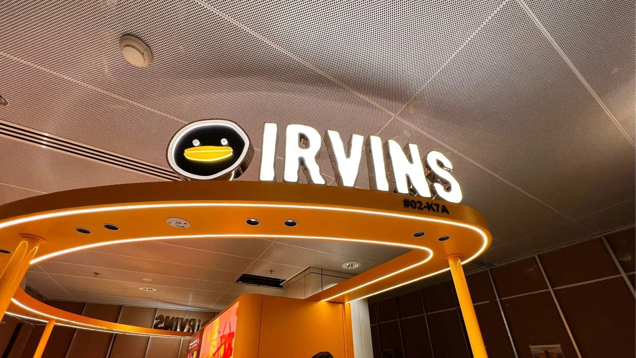 A store sign for IRVINS featuring a black and yellow cartoon duck face with a beak and two small eyes.