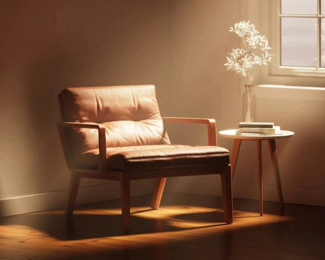 Cozy corner with a tan leather armchair and a small round white side table with a stack of books and a tall vase with white flowers, illuminated by sunlight from a nearby window.