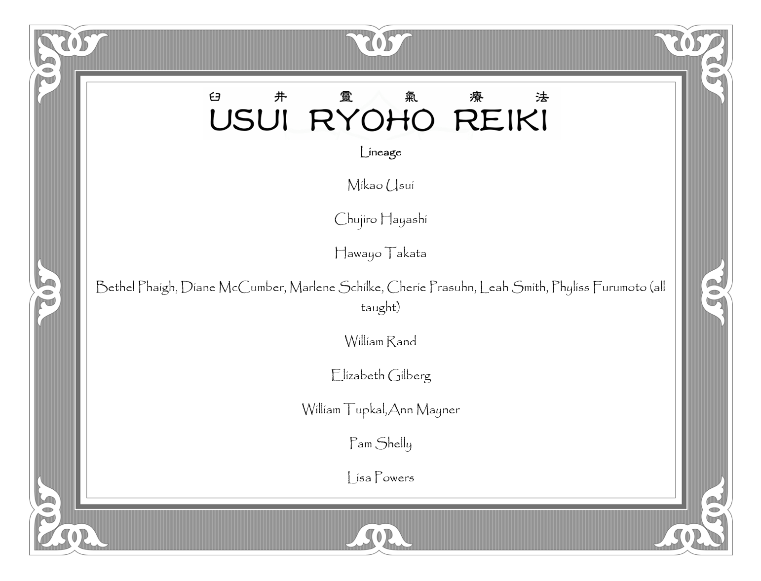 Usui Reiki Lineage for Jeanette Woods
