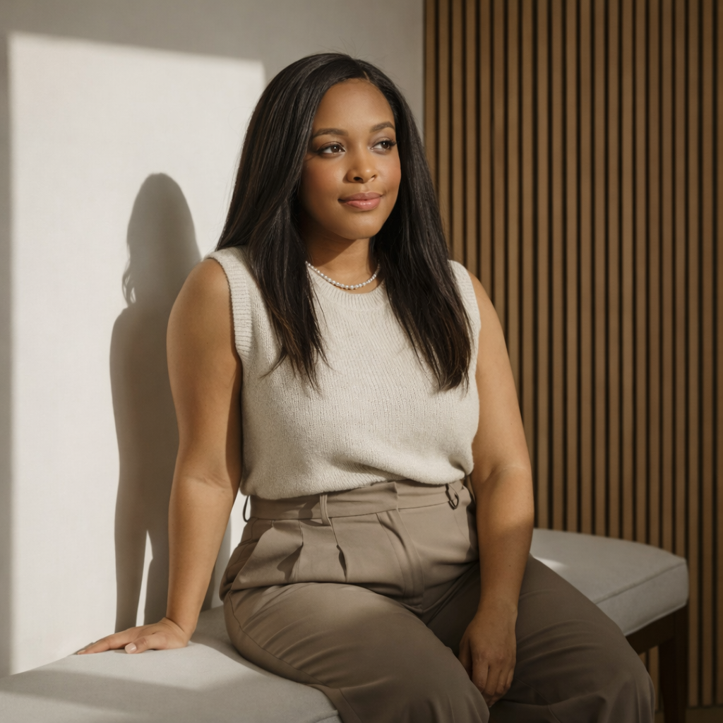 A young woman with long dark hair sitting on a cushioned bench next to a wall with wooden paneling, wearing a sleeveless beige top and beige pants, and a pearl necklace.