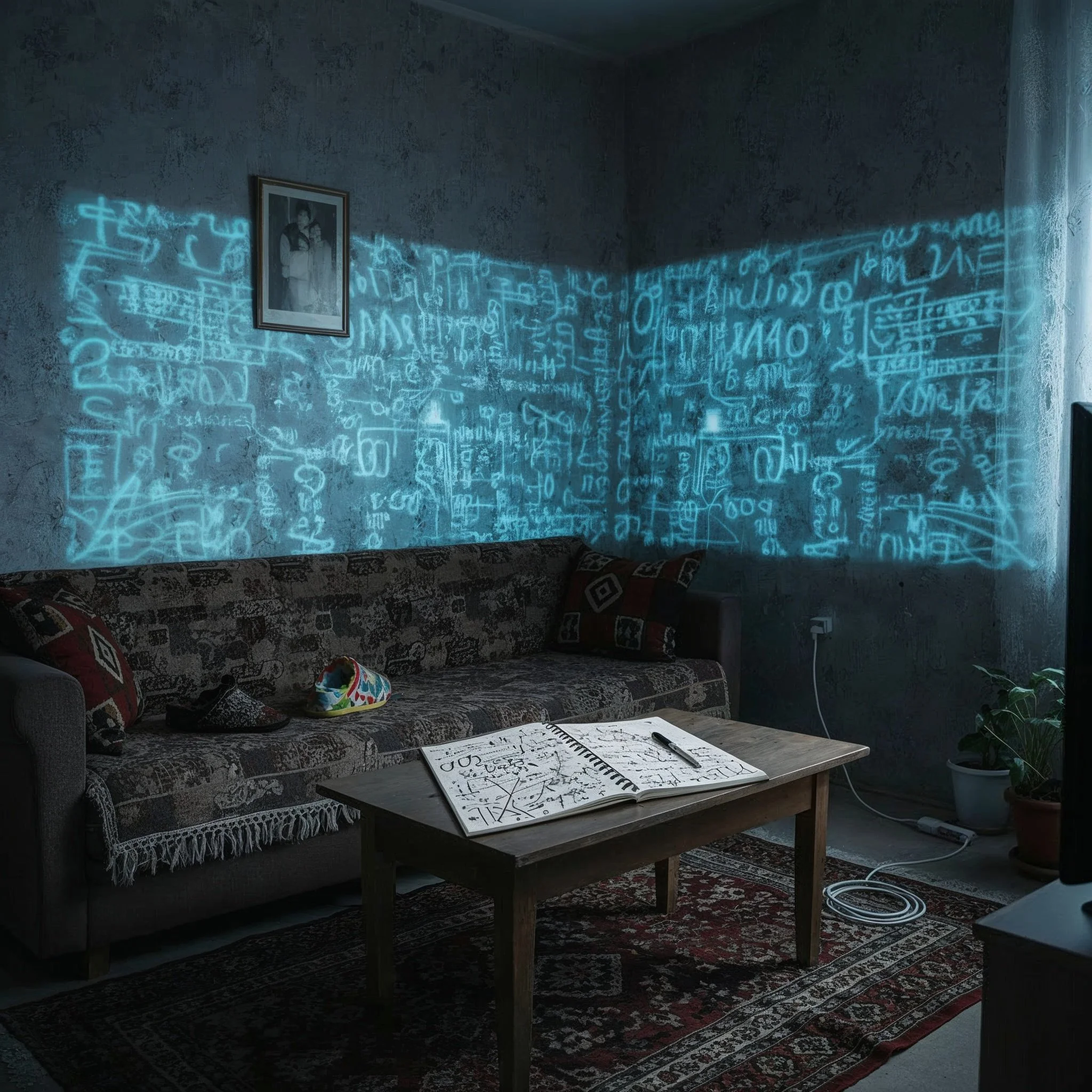 Living room with blue glowing neon projection of abstract symbols on the wall above a patterned sofa, coffee table with sketchbook and pen, potted plants, and a television.