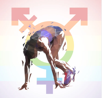 A person in a yoga pose, blending into gender symbols and abstract geometric shapes.