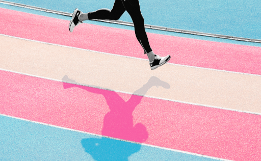 A person running on a colorful track with pink, beige, and blue lanes, casting a shadow on the ground.