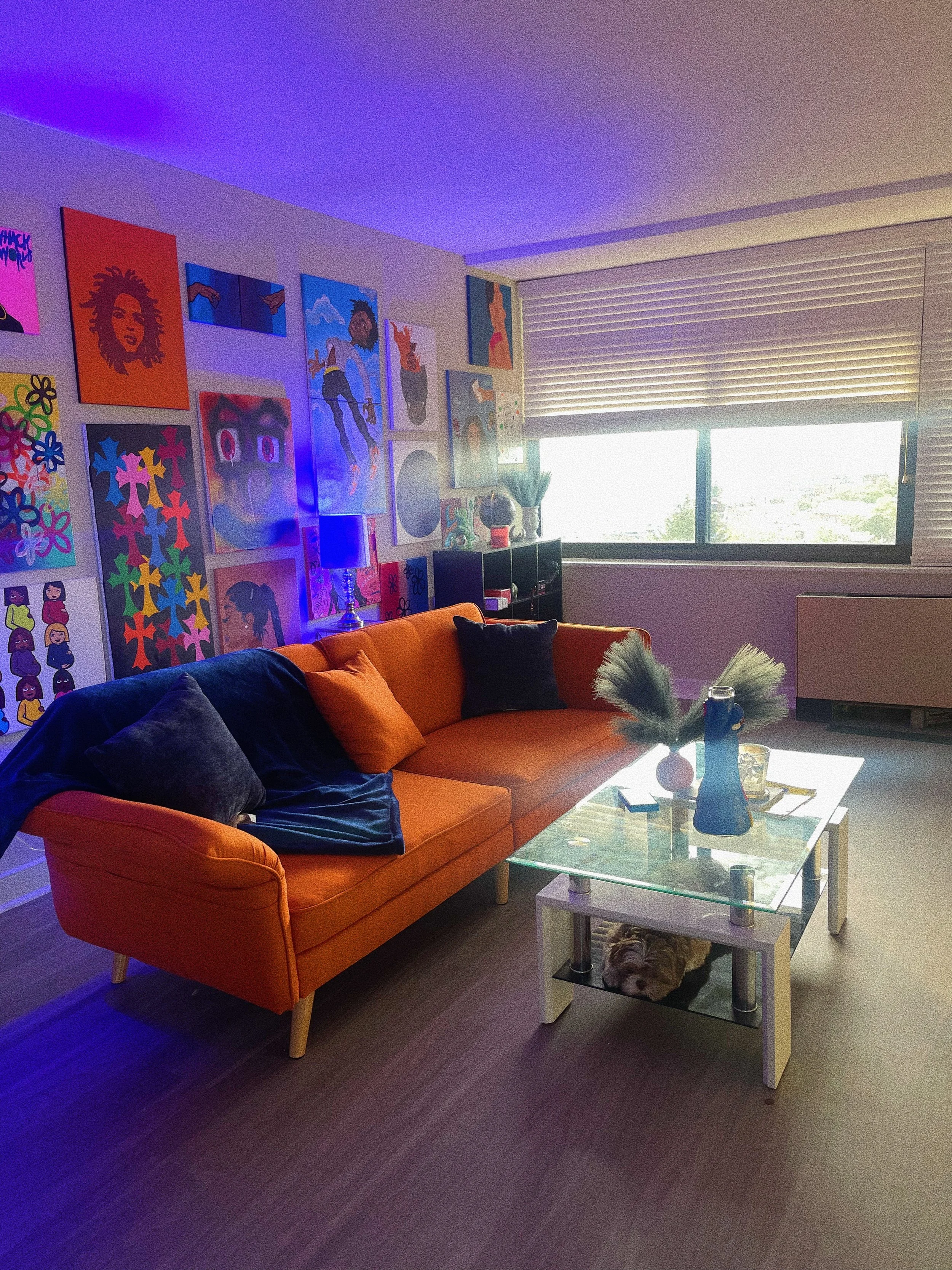 Residential living space was curated and styled using own original artwork, bold color palettes, and intentional layout design to create a vibrant environment. The space reflects personality while maintaining strong visual cohesion and focal balance