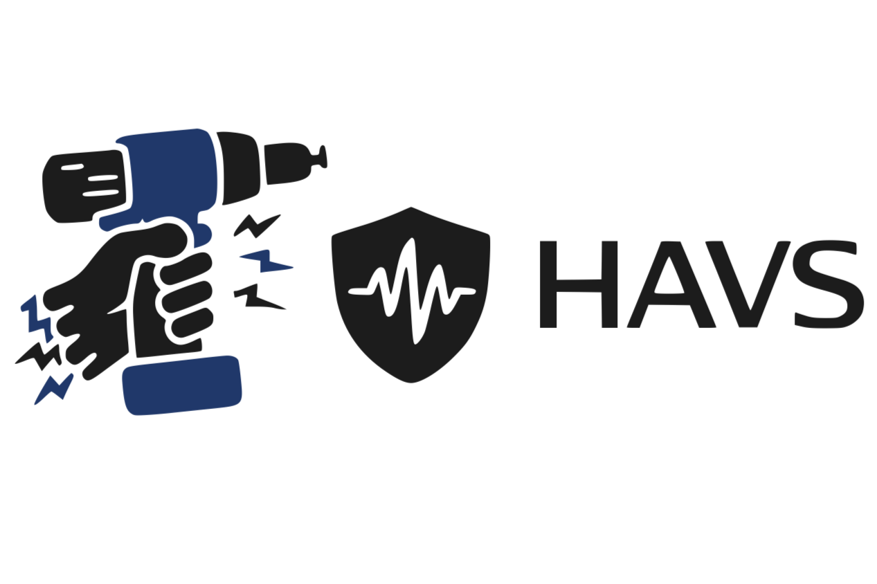 Illustration of a hand holding a blue and black electric tool connected to a shield with a heartbeat line, and the text 'HAVS'.