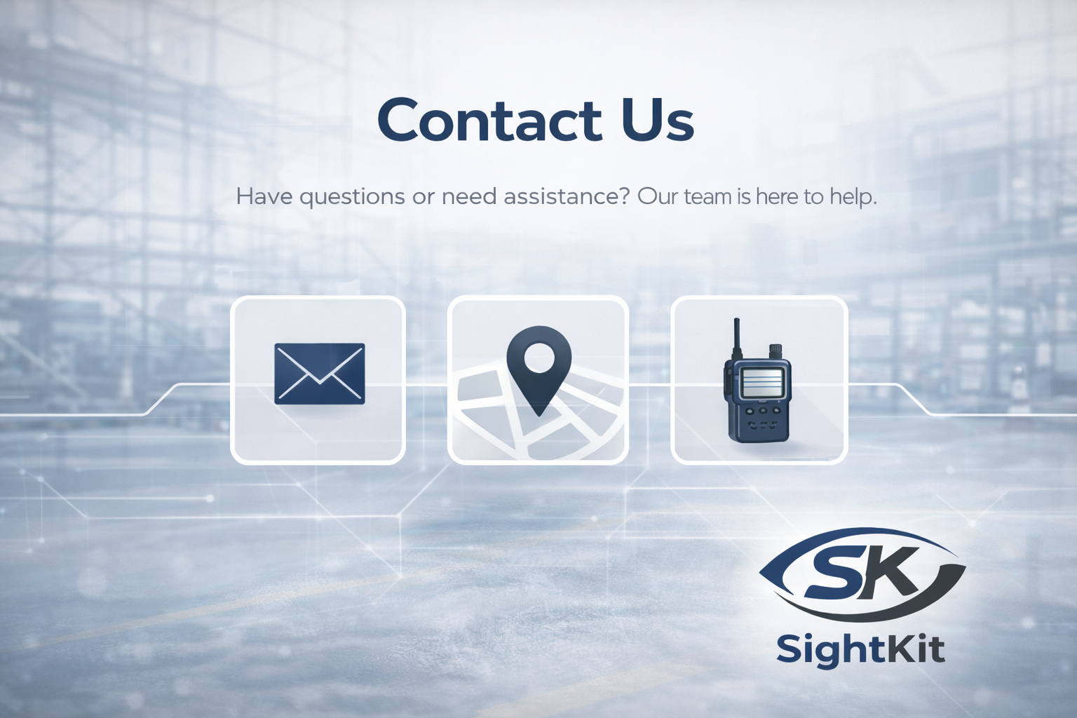 A contact us webpage with icons for email, location, and radio communication, and a company logo for SK SightKit.