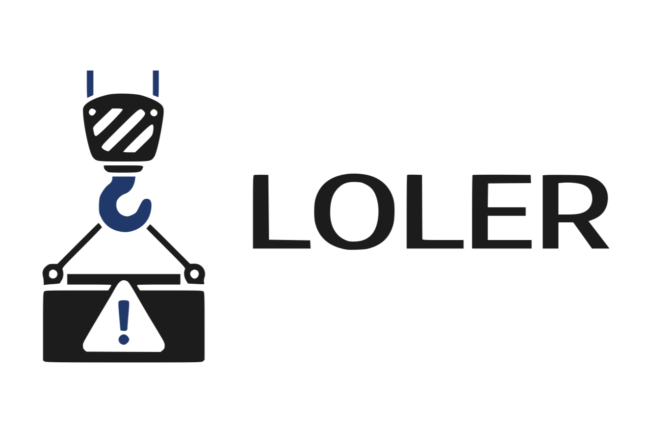 Graphic with a hook lifting a box with a warning sign and the word 'LOLER' to the right.